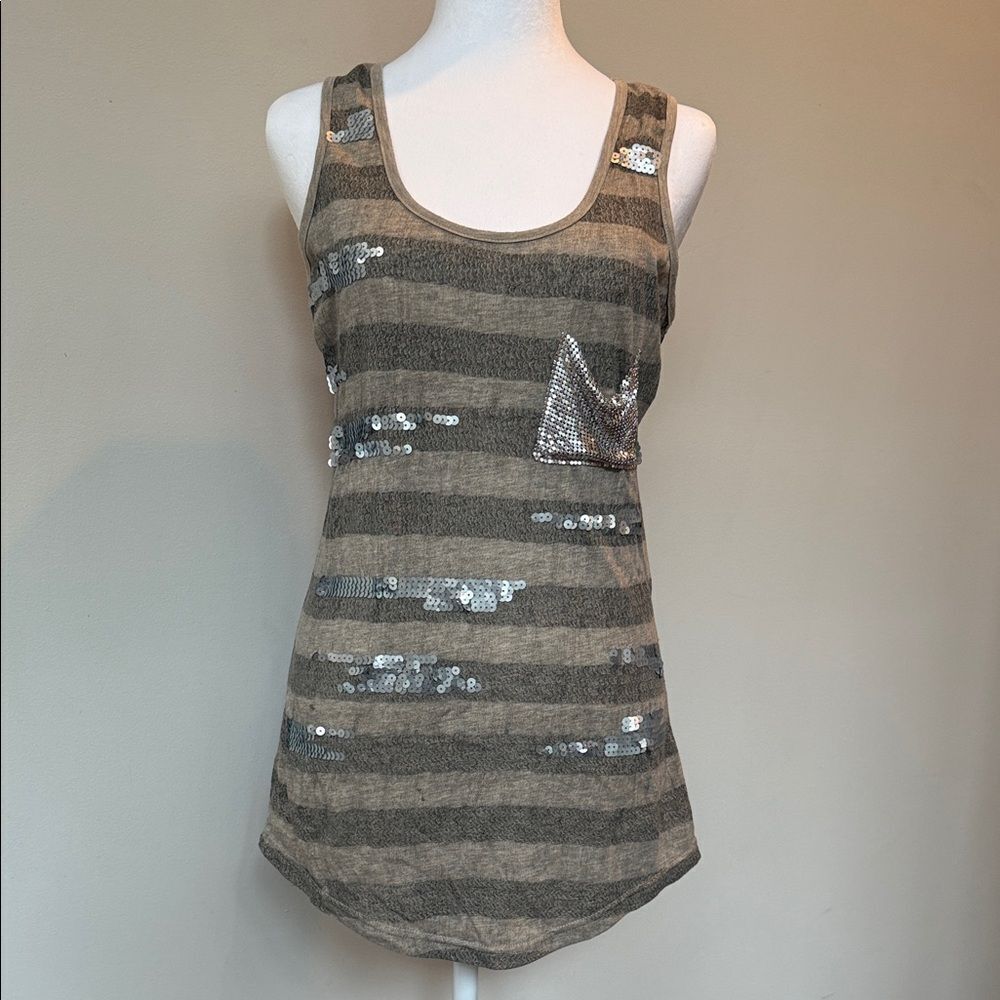 Miss Me Gray Sequin Striped Tank Top